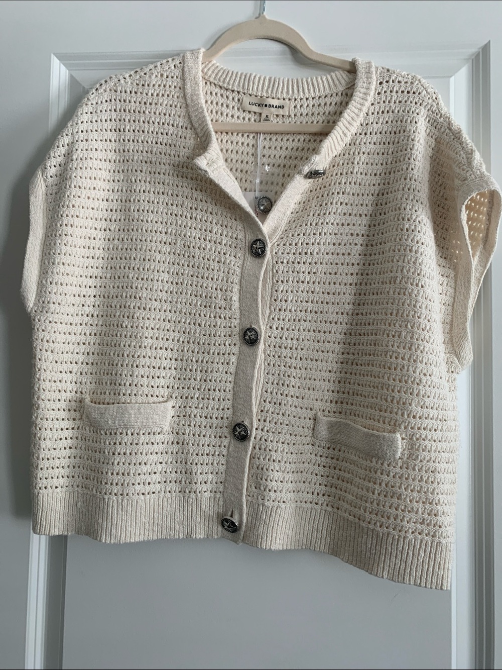 Lucky Brand Cream Open-Knit Sleeveless Button Cardigan Vest
